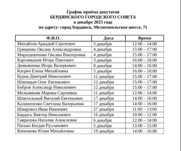 График приёма депутатов БЕРДЯНСКОГО ГОРОДСКОГО СОВЕТА в декабре 2025 года